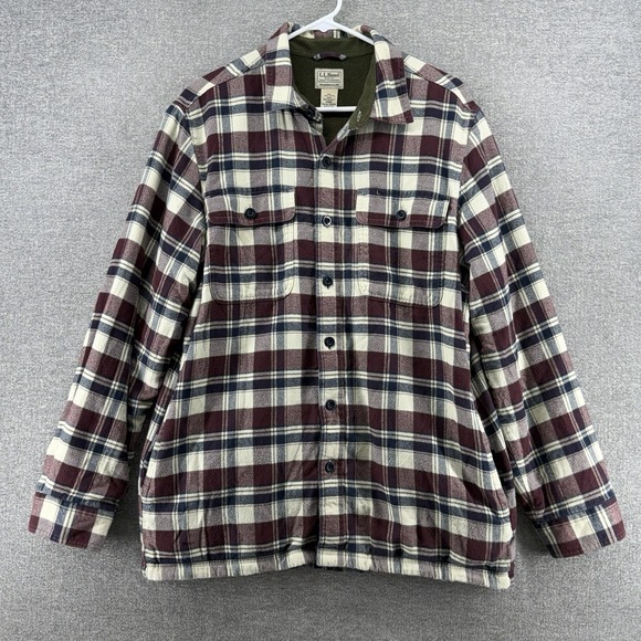 L.L. Bean Other - LL Bean Fleece Flannel Shacket Men Size Medium Reg Green Plaid Burgundy Winter